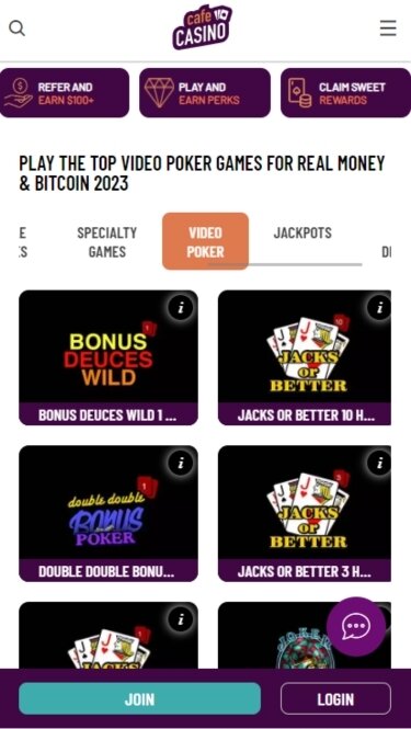 Screenshot of Cafe Casino video poker app